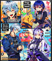 1boy 2girls absurdres ahoge anger_vein artist_name belle_(zenless_zone_zero) black_collar black_nails black_panties black_pants black_shirt black_skirt blue_eyes blue_hair blue_jacket bow bowtie breast_curtains breasts center_frills chain chain_leash closed_eyes collar collarbone defaultz dog fingerless_gloves frills gloves grey_hair hair_ornament heart heart_tattoo highres holding holding_leash jacket large_breasts leash letter_hair_ornament long_hair motion_lines multiple_girls one_eye_closed open_clothes open_jacket orange_gloves panties pants pantyhose patreon_username pet_play pointy_ears pubic_tattoo purple_bow purple_bowtie purple_hair red_eyes shirt short_hair shrug_(clothing) sideboob_cutout skirt smile sparkle tattoo underwear vivian_banshee white_shirt white_shrug wise_(zenless_zone_zero) zenless_zone_zero