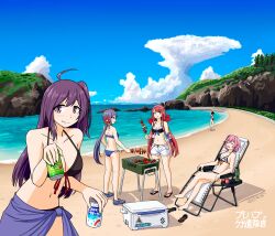 1girl 4girls absurdres ahoge akebono_(kancolle) akebono_(pm_swimsuit)_(kancolle) artist_logo beach bikini black_bikini black_one-piece_swimsuit can chair cliff competition_swimsuit cooler drink_can grill hagikaze_(kancolle) highres horizon kantai_collection kawakaze_(kancolle) logo lounge_chair low_twintails multiple_girls ocean one-piece_swimsuit one_side_up pink_hair purple_bikini purple_eyes purple_hair purple_sarong samusara sarong sendai_(kancolle) short_hair shorts side_ponytail solo swimsuit tama_(kancolle) tama_kai_ni_(kancolle) twintails white_shorts