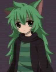Rule 34 | 1girl, animal ears, black shirt, cat ears, cat girl, closed mouth, dimden (character), green eyes, green hair, green shirt, hair between eyes, kigidere, long hair, long sleeves, looking at viewer, original, scanlines, second-party source, shirt, solo, striped clothes, striped shirt, upper body