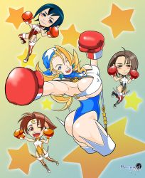 Rule 34 | 4girls, ass, ayuhara natsu, bandana, bare shoulders, blonde hair, blue eyes, blue leotard, boxing gloves, breasts, brown hair, capcom, covered navel, earrings, highleg, highleg leotard, highres, jewelry, justice gakuen, kazama akira, large breasts, leotard, long hair, looking at viewer, multiple girls, noriyuki works, o-ring, one eye closed, open mouth, shiritsu justice gakuen, shoes, smile, standing, star (symbol), star earrings, suspenders, thighhighs, tiffany lords, underboob, wakaba hinata, wink
