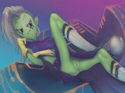 1girl alien anus black_eyes black_footwear black_shirt black_skirt breasts censored colored_sclera colored_skin conoghi crossed_legs disney freckles gloves green_skin grin lord_dominator midriff no_panties pink_sclera pointy_ears pussy sharp_teeth shirt shoes short_hair short_sleeves sitting skirt small_breasts smile socks teeth throne wander_over_yonder white_shirt white_socks yellow_gloves