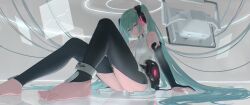 1girl absurdres anklet aqua_eyes aqua_hair barefoot black_sleeves commentary_request depressed detached_sleeves feet hair_between_eyes hatsune_miku hatsune_miku_(append) highres indoors jewelry knees_up legs long_hair mixed-language_commentary number_tattoo shirt sitting sleeveless sleeveless_shirt solo tadanotarosuke tattoo toenails toes twintails vocaloid vocaloid_append