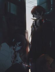 3boys 779762391_(lofter) alley androgynous antenna_hair backlighting bags_under_eyes black_coat black_hair black_pants black_scarf blonde_hair blood blood_in_hair blood_on_cheek blood_on_clothes blood_on_face blood_on_hands bloody_knife blue_eyes blue_pants brothers brown_hair building chinese_commentary coat collared_coat commentary_request creepypasta dark denim double-parted_bangs feet_out_of_frame glowing glowing_eyes green_eyes grin hair_between_eyes hand_on_own_cheek hand_on_own_face hands_in_pockets highres homicidal_liu hood hood_down hoodie implied_murder jeans jeff_the_killer knife long_sleeves looking_at_another looking_at_viewer male_focus multiple_boys open_clothes open_coat outdoors pants parted_lips power_lines puffy_long_sleeves puffy_sleeves reverse_grip scarf short_hair siblings sky sleeves_past_wrists smile squatting standing stitched_face stitched_mouth stitches striped_clothes striped_scarf two-tone_scarf white_hoodie white_scarf white_sky