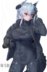 1girl android black_bodysuit black_gloves black_jacket bodysuit breasts covered_navel fn_fnx_45 gloves grey_hair gun handgun highres holding holding_gun holding_weapon jacket large_breasts long_hair looking_to_the_side m004_(natsukaze_shigure) natsukaze_shigure open_clothes open_jacket original pointy_ears rain red_eyes solo twintails weapon
