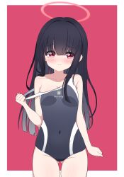1girl absurdres black_hair black_one-piece_swimsuit blue_archive blunt_bangs clothes_pull commentary_request competition_school_swimsuit covered_navel gluteal_fold halo highres justice_task_force_member_(blue_archive) korean_commentary long_hair one-piece_swimsuit one-piece_swimsuit_pull outside_border poorunii red_background red_halo school_swimsuit solo swimsuit thigh_gap trinity_general_school_swimsuit two-tone_background