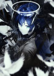 1girl absurdres aqua_eyes arknights bird black_bird black_horns black_jacket blue_hair blurry blurry_foreground commentary english_commentary english_text from_above from_behind hair_between_eyes halo highres horns jacket long_hair looking_at_viewer mostima_(arknights) sidelocks sideways_glance solo tfnfe_sach traditional_halo upper_body white_background white_halo