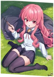 1girl :o absurdres black_cape black_skirt black_thighhighs blush breasts cape dango_remi highres holding holding_wand long_hair long_sleeves looking_at_viewer louise_francoise_le_blanc_de_la_valliere outdoors pink_hair red_eyes shirt sitting skirt small_breasts solo thighhighs thighs wand wariza white_shirt zero_no_tsukaima
