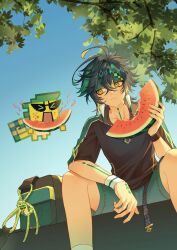 Rule 34 | 1boy, 1other, absurdres, ajaw (genshin impact), arm tattoo, backpack, bag, bare legs, black hair, black shirt, closed mouth, earrings, eating, erzplubdduik93g, food, fruit, genshin impact, green eyes, green hair, green headband, green shorts, hair between eyes, headband, highres, holding, holding food, holding fruit, holding watermelon, jewelry, kinich (genshin impact), male focus, multicolored hair, neck tattoo, shirt, shorts, streaked hair, tattoo, watermelon