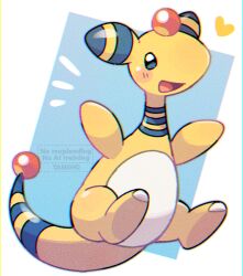 Rule 34 | ampharos, artist name, blush, blush stickers, commentary request, full body, gen 2 pokemon, heart, nintendo, no humans, notice lines, open mouth, pokemon, pokemon (creature), pokemon focus, smile, solo, tansho