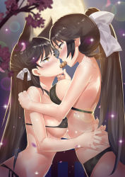 2girls animal_ears atago_(azur_lane) azur_lane bad_id bad_pixiv_id black_hair black_panties blurry blush brown_eyes club3 depth_of_field eye_contact from_side hand_on_another&#039;s_chin highres hug long_hair looking_at_another mole mole_under_eye multiple_girls nose_blush outdoors panties ponytail shared_food sparkle standing star_(sky) takao_(azur_lane) underwear underwear_only very_long_hair yuri
