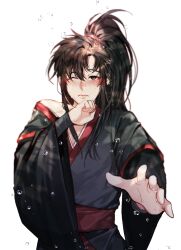 Rule 34 | 1boy, bare shoulders, bishounen, black hair, black hanfu, blush, brown eyes, chinese clothes, closed mouth, hand on own chin, hand up, hanfu, high ponytail, highres, jujeop, korean commentary, long hair, long sleeves, looking at viewer, male focus, modao zushi, off shoulder, one eye closed, outstretched hand, ponytail, red sash, robe, sash, sidelocks, simple background, single bare shoulder, solo, sweat, tears, upper body, water drop, wei wuxian, wet, wet face, wet hair, white background, wide sleeves