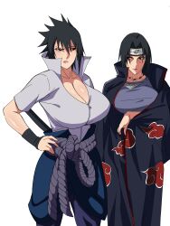 Rule 34 | 2girls, absurdres, airi akura, akatsuki uniform, arm under breasts, black hair, breast focus, breasts, coat, forehead protector, genderswap, genderswap (mtf), hand on own hip, highres, huge breasts, jewelry, konohagakure symbol, looking at another, multiple girls, naruto (series), naruto shippuuden, necklace, ninja, shirt, siblings, simple background, sisters, skirt, sword, uchiha itachi, uchiha sasuke, weapon, white background