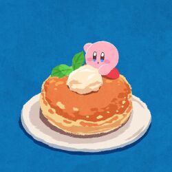 blue_background blue_eyes blush_stickers commentary_request food kirby kirby_(series) miclot nintendo no_humans pancake plate simple_background solo