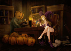 1boy 1girl ankle_boots bare_shoulders blonde_hair book boots bottle breasts candle candlelight carrying cleavage crossed_legs deneb_rove drawdragon dress gloves hat holding holding_smoking_pipe indoors inkwell jack-o&#039;-lantern lamp large_breasts leaning_forward legs long_hair looking_at_another microdress open_book pumpkin pumpkinhead_(ogre_battle) purple_dress purple_footwear purple_gloves purple_hat quill revision scroll shelf shoes single_shoe sitting smile smoking smoking_pipe strapless strapless_dress sword table tactics_ogre taut_clothes taut_dress thighs toes tunic unworn_boot unworn_boots weapon witch witch_hat yellow_eyes