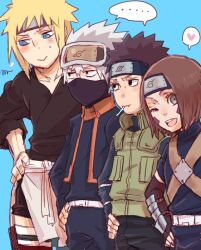 1girl 3boys aged_down black_hair blonde_hair blush brown_hair cosplay costume_switch forehead_protector goggles grey_hair hatake_kakashi hatake_kakashi_(cosplay) looking_at_viewer mask meitarou mouth_hold mouth_mask multiple_boys namikaze_minato namikaze_minato_(cosplay) naruto_(series) naruto_shippuuden nohara_rin nohara_rin_(cosplay) one_eye_closed short_hair spiked_hair uchiha_obito uchiha_obito_(cosplay)