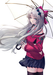 Rule 34 | 1girl, absurdres, ahoge, aqua eyes, back cutout, bare shoulders, black skirt, black thighhighs, black tube top, bow, carlotta (wuthering waves), closed mouth, clothing cutout, collarbone, commentary request, cowboy shot, earrings, from side, grey hair, hair bow, hairband, highres, holding, holding umbrella, jewelry, long hair, long sleeves, looking at viewer, off-shoulder sweater, off shoulder, parted bangs, partial commentary, pink bow, pink hairband, pink sweater, rookie 6, sidelocks, simple background, skirt, smile, solo, strapless, striped bow, sweater, tacet mark (wuthering waves), thighhighs, thighs, tube top, umbrella, very long hair, white background, wuthering waves, zettai ryouiki