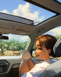 1girl 1other :d animal bird brown_eyes brown_hair car_interior earrings fence full_body hair_bun highres holding holding_animal holding_bird jewelry knees_up leaning_back looking_at_viewer looking_back open_mouth original rear-view_mirror sam_yang savannah shirt side-view_mirror smile stud_earrings stuffed_animal stuffed_toy sunroof tree white_shirt