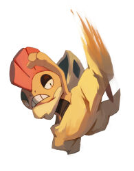 arm_up bluekomadori clenched_teeth full_body gen_5_pokemon highres hood hood_down kicking motion_blur nintendo no_humans nostrils pokemon pokemon_(creature) scrafty simple_background solo teeth white_background