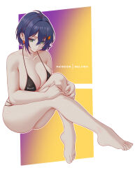 1girl absurdres bare_legs belle_(zenless_zone_zero) bikini black_bikini blue_hair breasts cleavage closed_mouth crossed_bangs green_eyes hair_ornament highres large_breasts letter_hair_ornament melowh micro_bikini patreon_username short_hair sitting smile solo swimsuit zenless_zone_zero