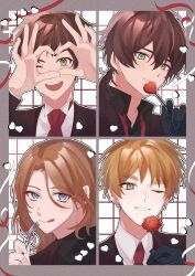 4boys a_00_7s absurdres axis_powers_hetalia blonde_hair blue_eyes brown_hair candy collared_shirt facial_hair flower food fork france_(hetalia) gloves goatee_stubble green_eyes heart heart_hands highres holding holding_candy holding_flower holding_food holding_fork holding_lollipop licking_lips lollipop male_focus medium_hair mole mole_under_eye multiple_boys necktie ponytail portugal_(hetalia) shirt short_hair spain_(hetalia) stubble thick_eyebrows tongue tongue_out united_kingdom_(hetalia) wavy_hair