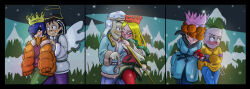 3boys 3girls absurdres blonde_hair blue_hair cartoon_network christmas couple ed_(ed_edd_n_eddy) ed_edd_n_eddy edd_(ed_edd_n_eddy) eddy_(ed_edd_n_eddy) gift highres kenbr_arts lee_kanker marie_kanker may_kanker multiple_boys multiple_girls orange_hair smile snow winter_clothes