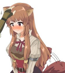 Rule 34 | 1boy, 1girl, animal ear fluff, animal ears, armor, belt, black dress, blush, breastplate, brown belt, brown hair, commentary request, dress, eyelashes, headpat, hetero, high collar, iwatani naofumi, leather armor, long hair, looking down, metal arm cuffs, metal hair tubes, neck ribbon, out of frame, raccoon ears, raccoon girl, raccoon tail, raphtalia, red dress, red eyes, red ribbon, ribbon, segawaseki, simple background, smile, solo focus, tail, tail wagging, tate no yuusha no nariagari, upper body, white background, white dress