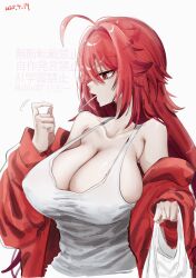 1girl ahoge bag bibie307 breasts candy cleavage collarbone commentary covered_erect_nipples dated food food_in_mouth goddess_of_victory:_nikke grey_shirt highres holding holding_bag jacket large_breasts lollipop long_hair nihilister_(nikke) red_eyes red_hair red_jacket shirt simple_background solo twitter_username upper_body white_background