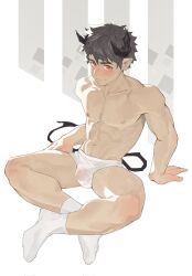1boy abs arknights bara blush bulge closed_mouth commentary demon_boy demon_horns demon_tail highres horns looking_at_viewer male_focus male_underwear mjj_mianbao muscular muscular_male navel nipples odda_(arknights) pectorals pointy_ears red_eyes sitting socks symbol-only_commentary tail topless_male underwear white_male_underwear white_socks