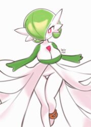 1girl absurdres anklet artist_name blush bob_cut breasts bright_pupils cleavage colored_skin female_focus full_body gardevoir gen_3_pokemon green_hair green_skin hair_over_one_eye highres jewelry large_breasts legs legs_together looking_at_viewer mature_female multicolored_skin nintendo one_eye_covered open_mouth pokemon pokemon_(creature) red_eyes saltymilk short_hair signature simple_background sketch solo standing thigh_gap two-tone_skin white_background white_pupils white_skin wide_hips