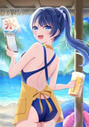 1girl :d absurdres alcohol apron ass back beach beach_house beer beer_mug blue_eyes blue_hair blue_one-piece_swimsuit blush breasts butt_crack clipboard commentary competition_swimsuit cowboy_shot cup dark_blue_hair gluteal_fold hair_ornament hair_scrunchie high_ponytail highres holding holding_clipboard holding_cup kooribata link!_like!_love_live! long_hair looking_at_viewer looking_back love_live! medium_breasts mug murano_sayaka murano_sayaka_(swimsuit) nearly_naked_apron official_alternate_costume official_alternate_hairstyle one-piece_swimsuit open_mouth outdoors pocket ponytail racerback ritaso scrunchie shoulder_blades sidelocks smile solo swimsuit teeth upper_teeth_only virtual_youtuber white_scrunchie yellow_apron