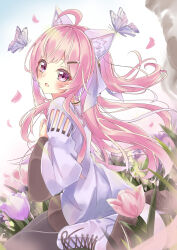 1girl :o absurdres ahoge animal_ear_fluff animal_ears bell black_pantyhose blush boots bug butterfly cat_ears cat_girl cat_tail coat cross-laced_shoes day dress emistia_(vrchat) falling_petals field floating_hair flower flower_field from_side grass hair_ornament hair_ribbon hairclip hand_on_own_chest highres insect long_hair long_sleeves looking_at_viewer looking_back looking_to_the_side miyama_leaves on_ground open_mouth outdoors pantyhose petals pink_eyes pink_flower pink_hair ribbon shoes sidelocks sitting smoke solo tail tulip two_side_up vrchat wariza white_coat white_dress white_shoes wide_sleeves wind