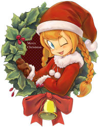 Rule 34 | 00s, 1girl, ;d, asahi gakusei shimbun, bell, blonde hair, blue eyes, braid, christmas, female focus, hat, holly, long hair, looking at viewer, marshmallow times, minawa, one eye closed, open mouth, sandy (marshmallow times), santa costume, santa hat, smile, solo, twin braids, wink