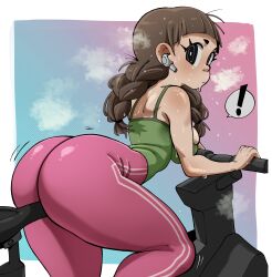 ! 1girl ass between_thighs blue_background blush braid breasts brown_hair earbuds earphones exercise_bike exercising gradient_background large_breasts leaning_forward long_hair looking_at_viewer looking_back motion_lines nuclear_wasabi original pants pink_background shirt shoulder_blush solo speech_bubble steam sweat tank_top thick_thighs thighs tight_clothes tight_pants tight_shirt twin_braids two-tone_background yoga_pants