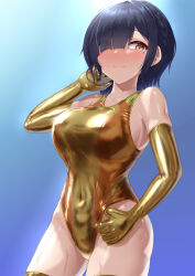 1girl adjusting_clothes adjusting_swimsuit black_hair blush braid breasts closed_mouth competition_swimsuit covered_navel cowboy_shot crown_braid elbow_gloves garoo_hoshi gloves golden_week highleg highres large_breasts looking_to_the_side mole mole_under_eye one-piece_swimsuit original short_hair solo swimsuit thighhighs yellow_eyes