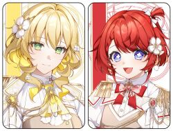 2girls aglaea_(honkai:_star_rail) blonde_hair blue_eyes bow bowtie brown_vest closed_mouth cross-shaped_pupils flower green_eyes hair_between_eyes hair_flower hair_ornament hair_ribbon highres honkai:_star_rail honkai_(series) jacket jewelry long_hair medium_hair multiple_girls opal_(k_oooh) open_mouth red_bow red_bowtie red_hair ribbon shirt symbol-shaped_pupils tribbie_(honkai:_star_rail) vest white_bow white_jacket white_shirt