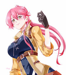 1girl artist_name black_gloves breasts double-parted_bangs eiyuu_densetsu floating_hair gloves large_breasts long_hair looking_at_viewer pink_hair sara_valestein sen_no_kiseki sen_no_kiseki_(series) sen_no_kiseki_iii simple_background smile solo upper_body white_background xiacheng_tatsuya yellow_eyes
