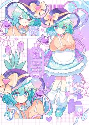 Rule 34 | &gt; &lt;, 1girl, :p, ?, black hat, full body, green eyes, green hair, green skirt, hat, heart, highres, komeiji koishi, multiple views, one eye closed, shirocha tei, shirt, skirt, spoken question mark, third eye, tongue, tongue out, touhou, yellow shirt