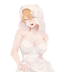 Rule 34 | 1girl, alternate costume, bare shoulders, blonde hair, breasts, bridal veil, cleavage, closed eyes, don quixote (project moon), dress, flower, highres, large breasts, limbus company, looking at viewer, open mouth, project moon, short hair, simple background, solo, ss0 520, standing, upper body, veil, wedding dress, white background, white dress, white flower