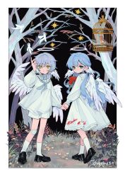 1boy 1girl aged_down angel_wings ankle_socks aqua_eyes bandage_on_knee bare_tree birdcage blood blood_on_clothes blue_hair blue_neckerchief border brother_and_sister cage child dress fairy flower grass halo holding_hands honkai:_star_rail honkai_(series) loafers long_hair long_sleeves looking_at_viewer neckerchief overine19 robin_(honkai:_star_rail) sailor_collar shirt shoes short_shorts shorts siblings simple_flower socks standing sunday_(honkai:_star_rail) tree white_border white_dress white_sailor_collar white_shirt white_shorts white_socks wings yellow_eyes