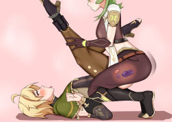 1boy 1girl aether_(genshin_impact) aether_(genshin_impact)_(cosplay) ahegao anal black_boots blonde_hair boots capelet collei_(genshin_impact) collei_(genshin_impact)_(cosplay) cosplay costume_switch crossdressing femdom genshin_impact gloves green_capelet green_hair head_out_of_frame hetero high_heel_boots high_heels highres legs_up male_penetrated midriff pegging pink_background tongue tongue_out trap user_prhn5222 x-ray yellow_eyes