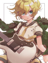 1boy black_sailor_collar black_shorts blonde_hair blue_eyes bomber_jacket drawstring electric_guitar floating_clothes fur-trimmed_jacket fur_trim green_jacket guitar hair_between_eyes hekicha highres instrument jacket kagamine_len light_particles looking_at_viewer necktie parted_lips puffy_short_sleeves puffy_sleeves sailor_collar shirt short_hair short_sleeves shorts simple_background unworn_jacket vocaloid white_background white_shirt yellow_necktie