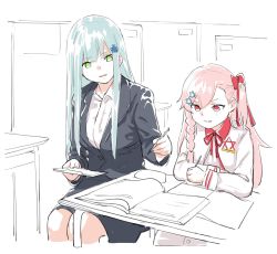 2girls blue_hair book classroom commentary_request desk formal_clothes girls&#039;_frontline green_eyes hair_ornament hairclip hexagram highres hk416_(girls&#039;_frontline) multiple_girls negev_(girls&#039;_frontline) pencil_skirt pink_hair red_eyes school_uniform shinoe_nun sitting star_of_david suit teacher_and_student teaching
