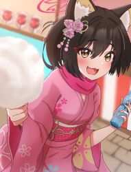 1girl :3 :d alternate_costume animal_ear_fluff blue_archive blush bottle brown_eyes brown_hair cherry_blossom_print commentary_request cotton_candy eyes_visible_through_hair eyeshadow fang festival floral_print floral_print_kimono flower food hair_between_eyes hair_flower hair_ornament halo happy holding holding_bottle holding_cotton_candy holding_food incoming_food izuna_(blue_archive) japanese_clothes kanzashi kimono long_sleeves looking_at_viewer makeup medium_hair open_mouth outdoors pink_flower pink_halo pink_kimono pink_scarf print_kimono red_eyeshadow scarf smile solo toomuchsalt0002 wide_sleeves yukata