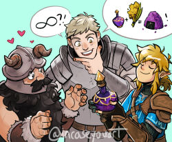3boys absurdres armor beard blush closed_eyes crossover dungeon_meshi dwarf facial_hair fake_horns food groping_motion hand_on_own_chin helmet highres holding horned_helmet horns infinity_symbol laios_touden link long_beard loving_aura male_focus multiple_boys mustache nintendo onigiri plate_armor potion potion_(zelda) senshi_(dungeon_meshi) smug spoken_object stroking_own_chin the_legend_of_zelda the_legend_of_zelda:_tears_of_the_kingdom thick_mustache u_u upper_body very_long_beard victoria_putinski