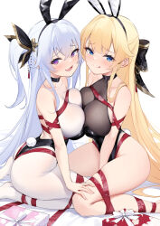 Rule 34 | 2girls, :q, absurdres, animal ears, bare shoulders, black bow, black leotard, black ribbon, blonde hair, blue eyes, blush, bow, breast press, breasts, fake animal ears, hair between eyes, hair bow, hair ribbon, highleg, highleg leotard, highres, k.t.cube, large breasts, leotard, long hair, looking at viewer, multiple girls, no shoes, open mouth, original, pantyhose, playboy bunny, purple eyes, rabbit ears, rabbit tail, red ribbon, ribbon, side ponytail, sitting, smile, symmetrical docking, tail, tongue, tongue out, white hair, white pantyhose