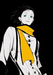 Rule 34 | 1boy, aqua eyes, black background, black hair, black trim, blue eyes, buttons, cowboy shot, hair slicked back, highres, long sleeves, looking to the side, male focus, mochizuki ryouji, mole, mole under eye, otoko haza, parted lips, persona, persona 3, ringed eyes, scarf, shirt, short hair, simple background, sleeve cuffs, smile, solo, suspenders, yellow scarf