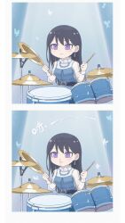 1girl absurdres bang_dream! bang_dream!_it&#039;s_mygo!!!!! belt black_belt black_hair blood blush brh chibi chibi_only chinese_commentary closed_mouth commentary_request drum drum_set drumsticks earrings highres holding holding_drumsticks instrument jewelry long_hair long_sleeves mole mole_under_eye necklace nosebleed purple_eyes see-through_clothes see-through_sleeves shiina_taki solo