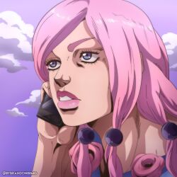 1girl absurdres anime_coloring araki_hirohiko_(style) blue_eyes bonescrimson cellphone cloud cloudy_sky flower highres hirose_yasuho holding holding_phone jojo_no_kimyou_na_bouken jojolion long_hair phone pink_flower pink_hair pink_lips portrait purple_sky sky smartphone