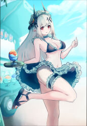 1girl absurdres alternate_costume arknights bikini black_bikini black_horns black_skirt breasts cleavage closed_mouth commentary food foot_out_of_frame frilled_bikini frilled_skirt frilled_thigh_strap frills grey_hair highres hiun64 holding holding_tray horns ice_cream leg_up long_hair looking_at_viewer maid maid_bikini maid_headdress medium_breasts mudrock_(arknights) navel pointy_ears red_eyes sidelocks sketch skirt smile solo standing standing_on_one_leg swimsuit thigh_strap tray unconventional_maid