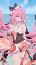 Rule 34 | 1girl, absurdres, ai dongdong, alternate costume, bare shoulders, black bow, blue sky, bow, breasts, closed mouth, collarbone, day, diamond-shaped pupils, diamond (shape), elysia (herrscher of human: ego) (honkai impact), elysia (honkai impact), frilled thigh strap, hair bow, hair ornament, highres, honkai (series), honkai impact 3rd, long hair, looking at viewer, medium breasts, missing commentary, ocean, outdoors, pink hair, polka dot, polka dot bow, purple eyes, sky, smile, solo, swimsuit, symbol-shaped pupils, thigh strap, thighs, very long hair